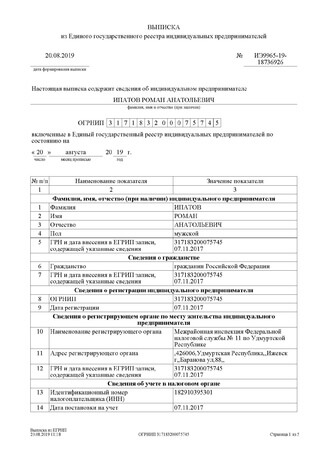 Выписка из ЕГРИП (стр.1) - фото